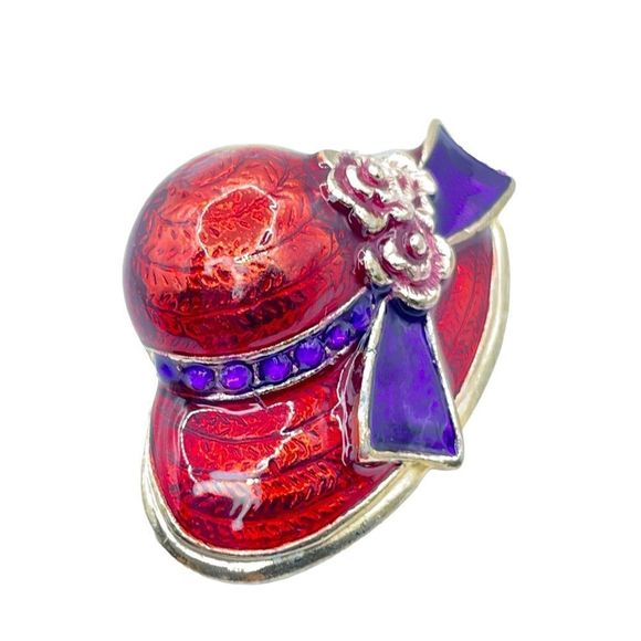 Red Hat Society Brooch Pin Red Enamel Purple Scarf Tie Flowers Gold Tone Trim 3D - Picture 8 of 10